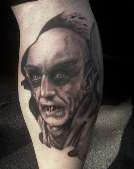 Ryan Mullins - Black and Grey Portrait Tattoo of Nosferatu